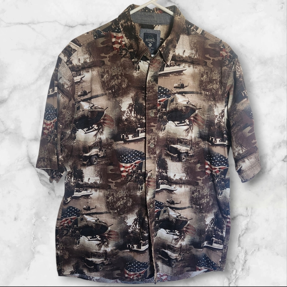 RedHead Patriotic War USA Button Down Shirt With Helicopter/jeep Men's Medium
